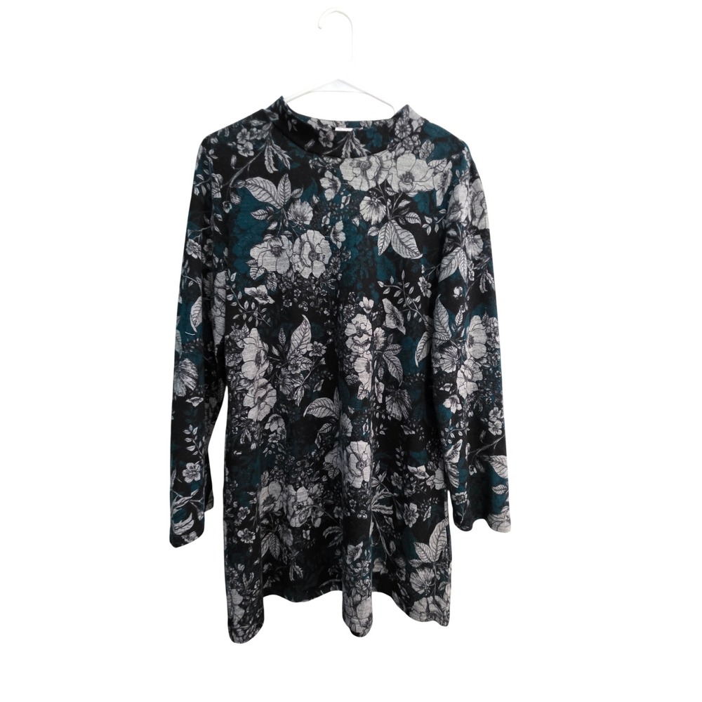 NorthStyle Womens Teal Grey Floral Mock Neck Long Sleeve Tunic Top Size L